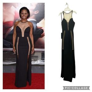 NWT Bebe‎ Womens Lace Inset Maxi Gown Dress Black Small Long Slit Sleeveless